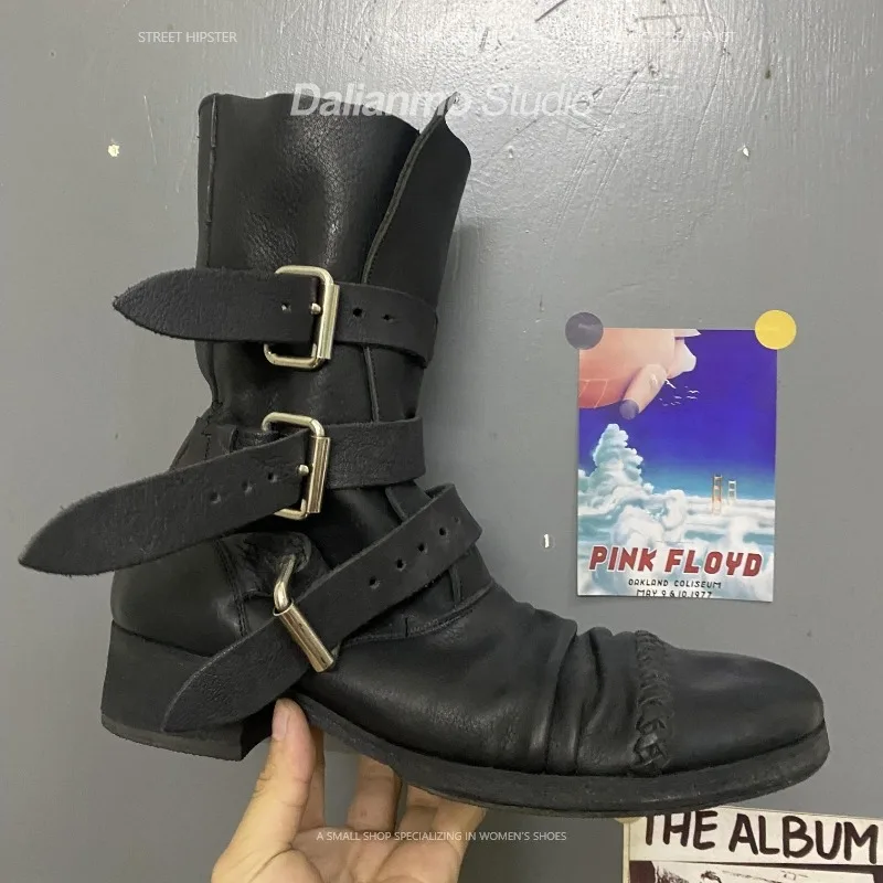 Vintage Fashion Mens - Bottes de moto en cuir véritable